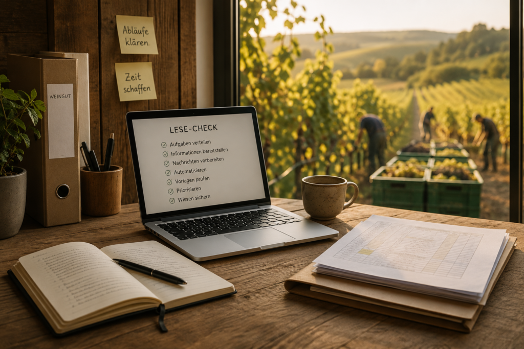 Weinlese vorbereiten – Arbeitsplatz im Weingut mit Lese-Checkliste und Blick auf den Weinberg